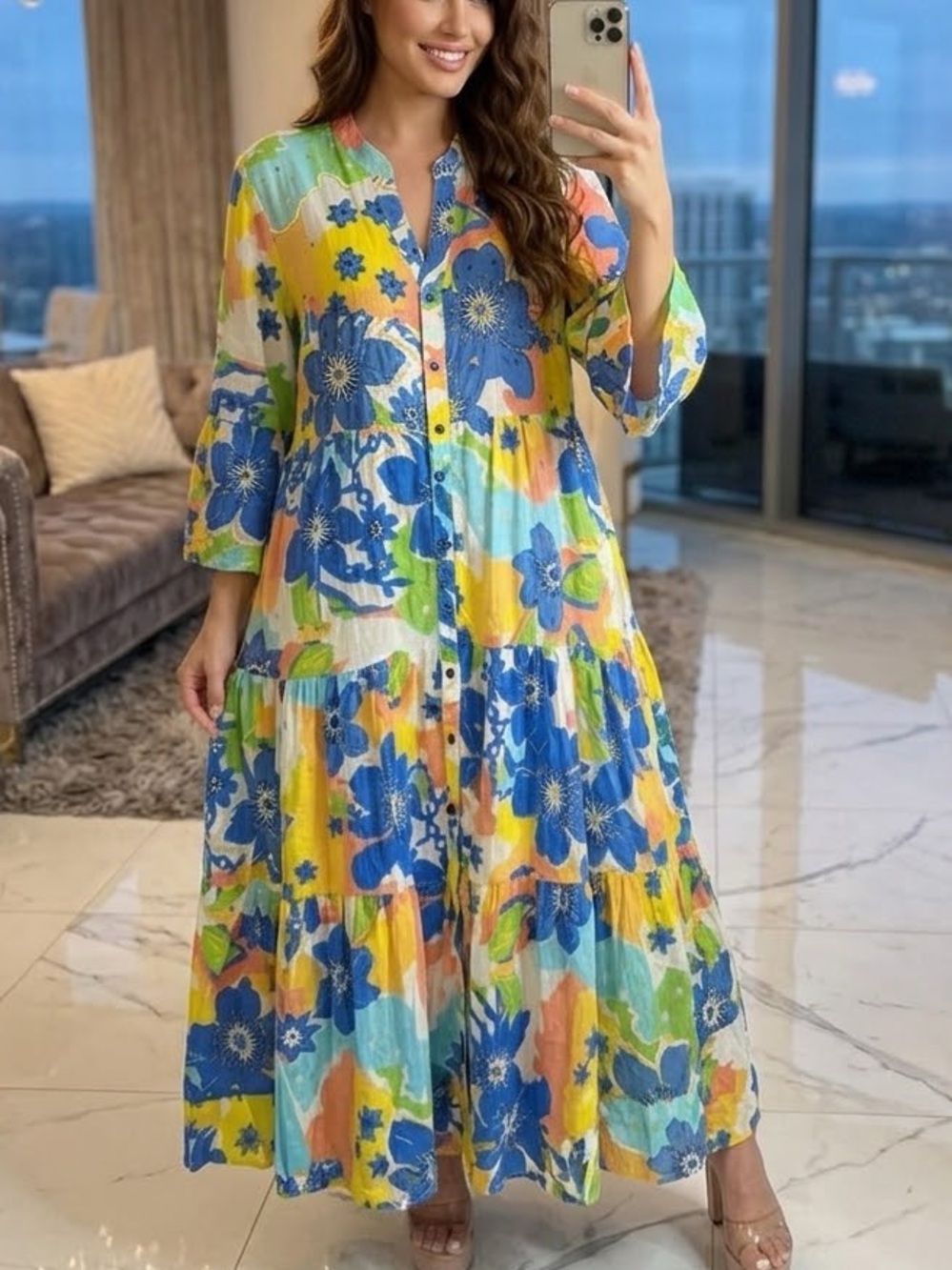 Zuri oversized Button-Front Floral Tiered Maxi Dress in Blue, Yellow & Green NWT